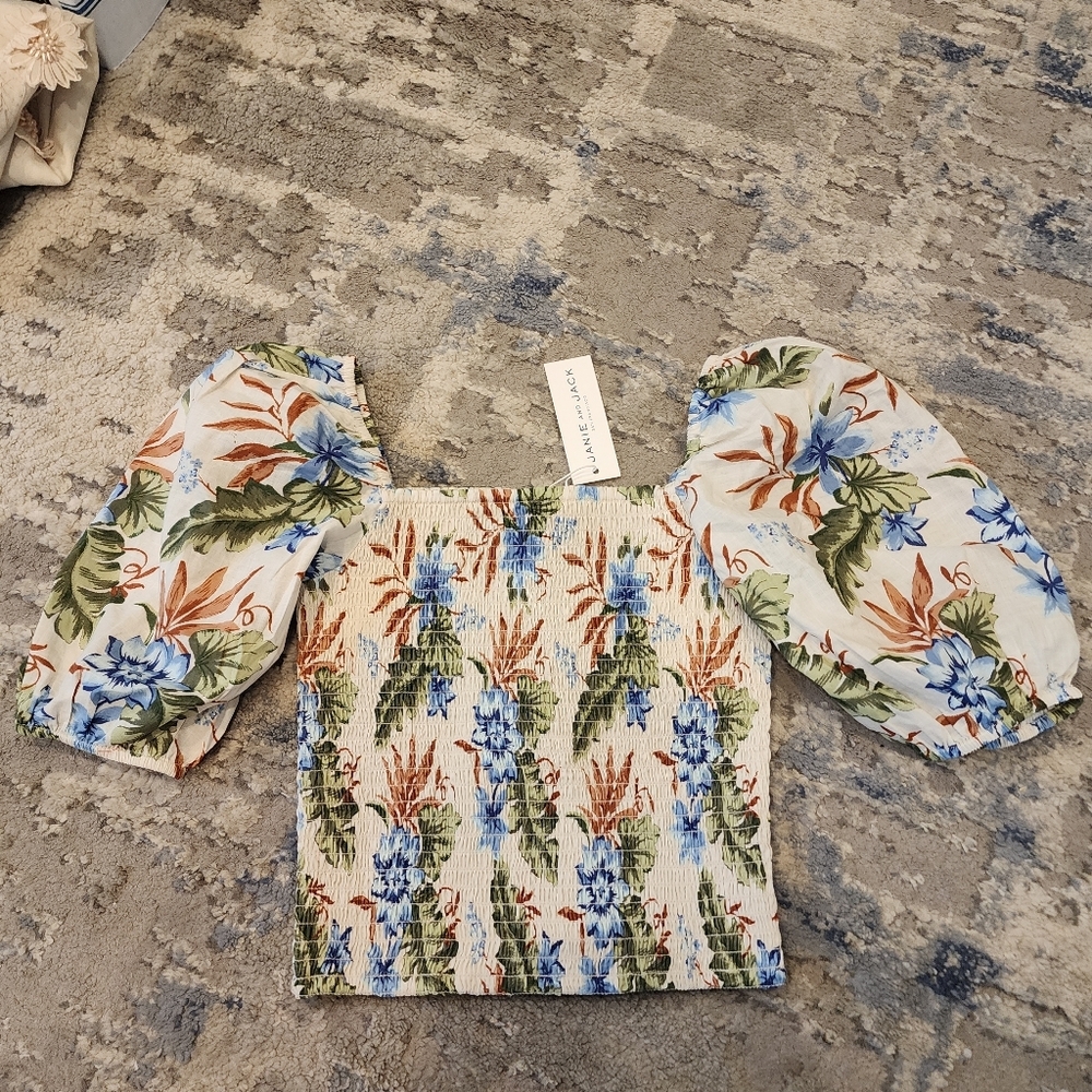 NWT Janie and Jack Tropical Floral Smocked Cropped Puff Sleeve Top Size 14‎ - Picture 2 of 13